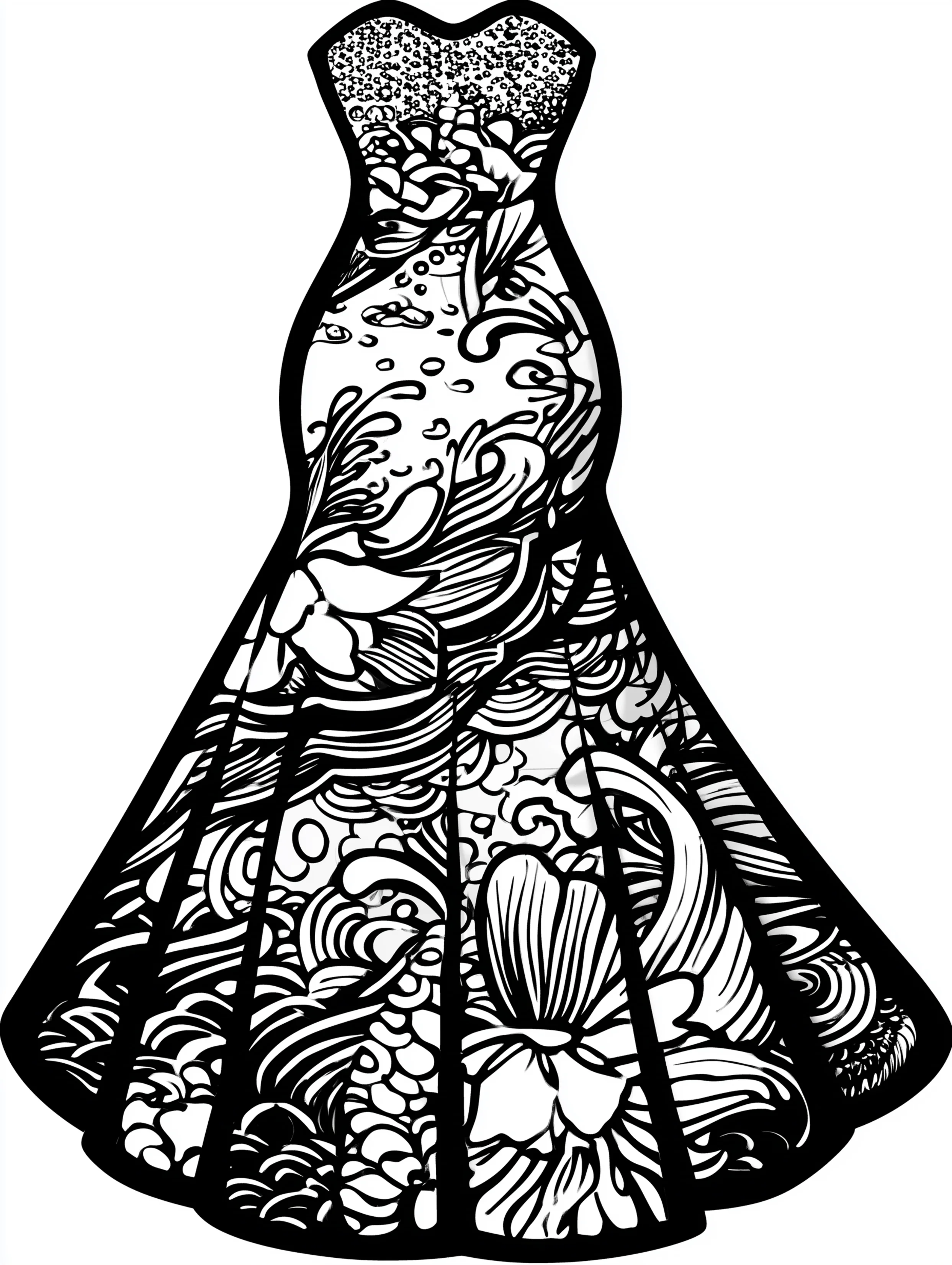 Free printable dress coloring page for adults featuring a mermaid-style dress